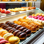 **A vibrant display inside a French patisserie in Portugal. Focus on colorful éclairs, macarons, and croissants arranged artfully in a display case. Soft, inviting lighting with a hint of steam from a coffee machine in the background. Capture the "joie de vivre" atmosphere.**