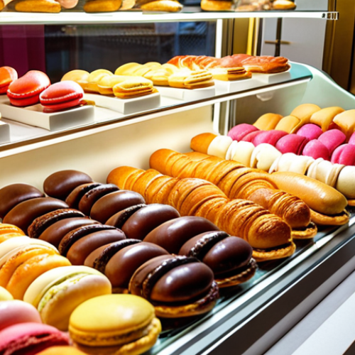 Home 22 **A vibrant display inside a French patisserie in Portugal. Focus on colorful éclairs, macarons, and croissants arranged artfully in a display case. Soft, inviting lighting with a hint of steam from a coffee machine in the background. Capture the "joie de vivre" atmosphere.**