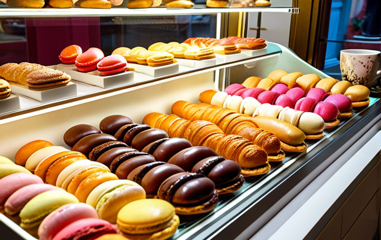 **A vibrant display inside a French patisserie in Portugal. Focus on colorful éclairs, macarons, and croissants arranged artfully in a display case. Soft, inviting lighting with a hint of steam from a coffee machine in the background. Capture the "joie de vivre" atmosphere.**