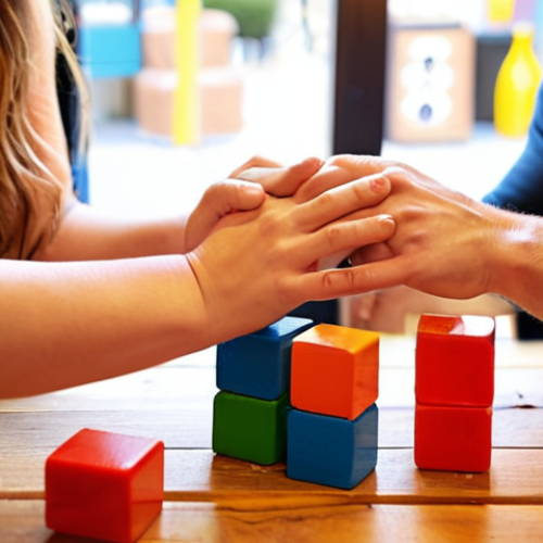 Home 21 Shared Laughter and Connection Through Blocks**
A close-up shot of a couple's hands collaborating on a vibrant, abstract building block construction on a wooden cafe table. Colorful blocks are scattered around the work-in-progress, suggesting a playful and active session. In the softly blurred background, the couple's faces are visible, one smiling broadly with genuine laughter while the other looks on with affection and concentration, embodying the joy, teamwork, and deep connection of their creative date. The lighting is warm and inviting, typical of a cozy cafe.
**