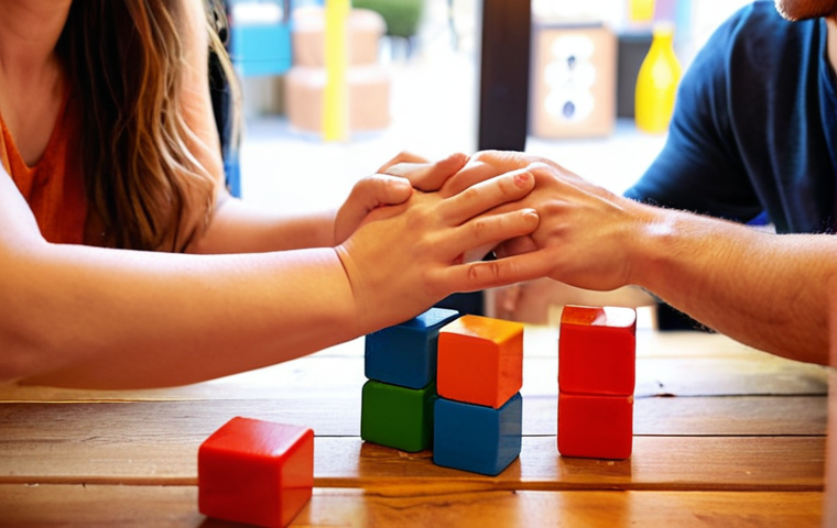 Shared Laughter and Connection Through Blocks**
A close-up shot of a couple's hands collaborating on a vibrant, abstract building block construction on a wooden cafe table. Colorful blocks are scattered around the work-in-progress, suggesting a playful and active session. In the softly blurred background, the couple's faces are visible, one smiling broadly with genuine laughter while the other looks on with affection and concentration, embodying the joy, teamwork, and deep connection of their creative date. The lighting is warm and inviting, typical of a cozy cafe.

**
