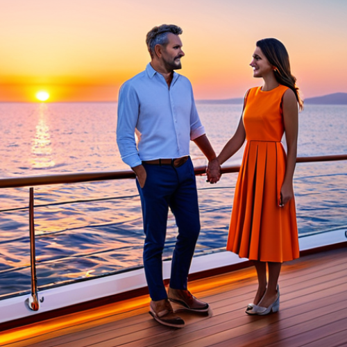 Home 20 A sophisticated adult couple in elegant smart casual attire, fully clothed, standing on the polished teak deck of a luxury yacht. They are gently holding hands and admiring a breathtaking ocean sunset, which paints the sky with vibrant hues of orange, pink, and purple. The calm ocean stretches to a picturesque distant coastline. The scene captures a peaceful, romantic moment. Professional photography, hyperrealistic, cinematic lighting, high-resolution, sharp focus, vibrant colors, soft golden hour glow, perfect anatomy, correct proportions, natural body proportions, well-formed hands, proper finger count, natural pose, safe for work, appropriate content, fully clothed, family-friendly.