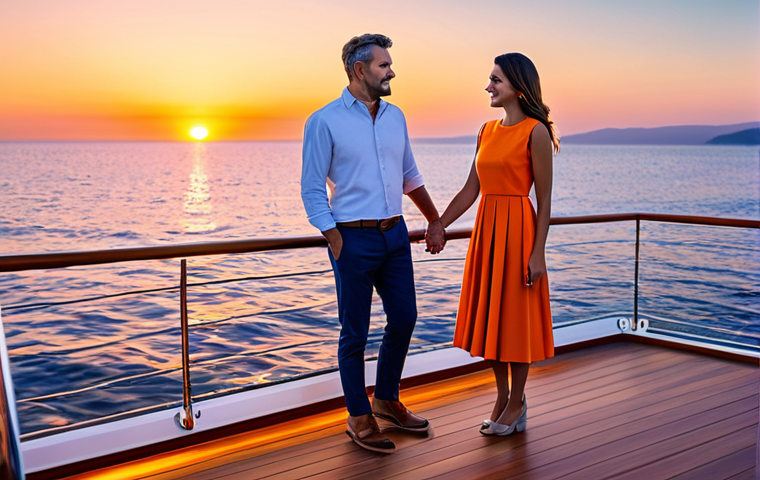 A sophisticated adult couple in elegant smart casual attire, fully clothed, standing on the polished teak deck of a luxury yacht. They are gently holding hands and admiring a breathtaking ocean sunset, which paints the sky with vibrant hues of orange, pink, and purple. The calm ocean stretches to a picturesque distant coastline. The scene captures a peaceful, romantic moment. Professional photography, hyperrealistic, cinematic lighting, high-resolution, sharp focus, vibrant colors, soft golden hour glow, perfect anatomy, correct proportions, natural body proportions, well-formed hands, proper finger count, natural pose, safe for work, appropriate content, fully clothed, family-friendly.
