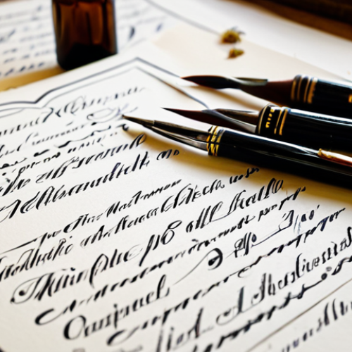 Home 11 **Prompt:** "A professional calligrapher, fully clothed, meticulously crafting elegant wedding invitations with Italic script, using a brush pen on parchment paper, surrounded by vintage ink bottles and quills in a brightly lit studio, safe for work, appropriate content, perfect anatomy, natural proportions, professional, high resolution."