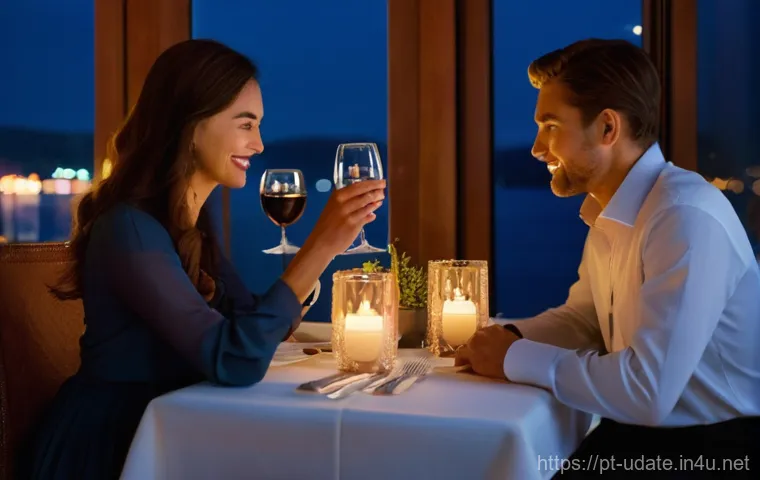 나이트 크루즈 데이트 - **"A sophisticated couple, elegantly dressed in smart casual attire, stands on the open deck of a lu...