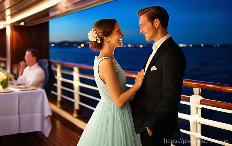나이트 크루즈 데이트 - **"An intimate scene of a couple enjoying a romantic dinner on a night cruise. They are seated at a ...