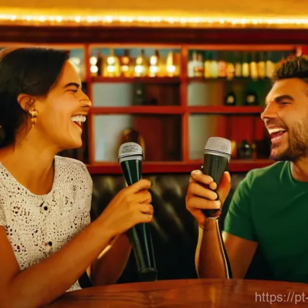 트로트 노래방 데이트 - **Prompt Title: Joyful Karaoke Duet in a Cozy Portuguese Bar**
**Image Prompt:** A lively and wa...
