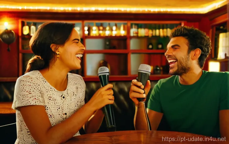 트로트 노래방 데이트 - **Prompt Title: Joyful Karaoke Duet in a Cozy Portuguese Bar**
**Image Prompt:** A lively and wa...