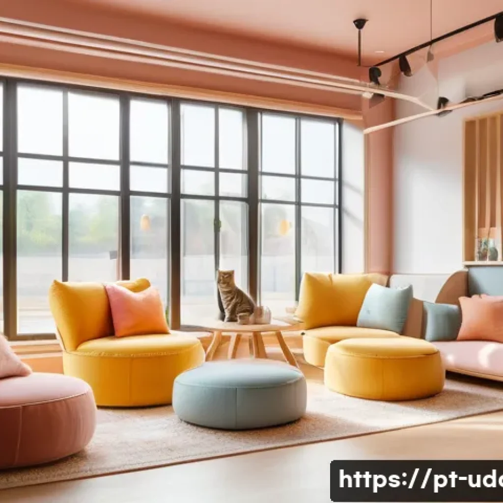 고양이 카페 데이트 - Cozy cat caf&eacute; interior with warm ambient lighting, plush comfortable furniture, and small cozy corne...