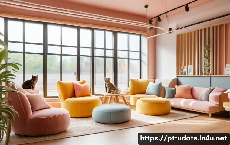 고양이 카페 데이트 - Cozy cat café interior with warm ambient lighting, plush comfortable furniture, and small cozy corne...