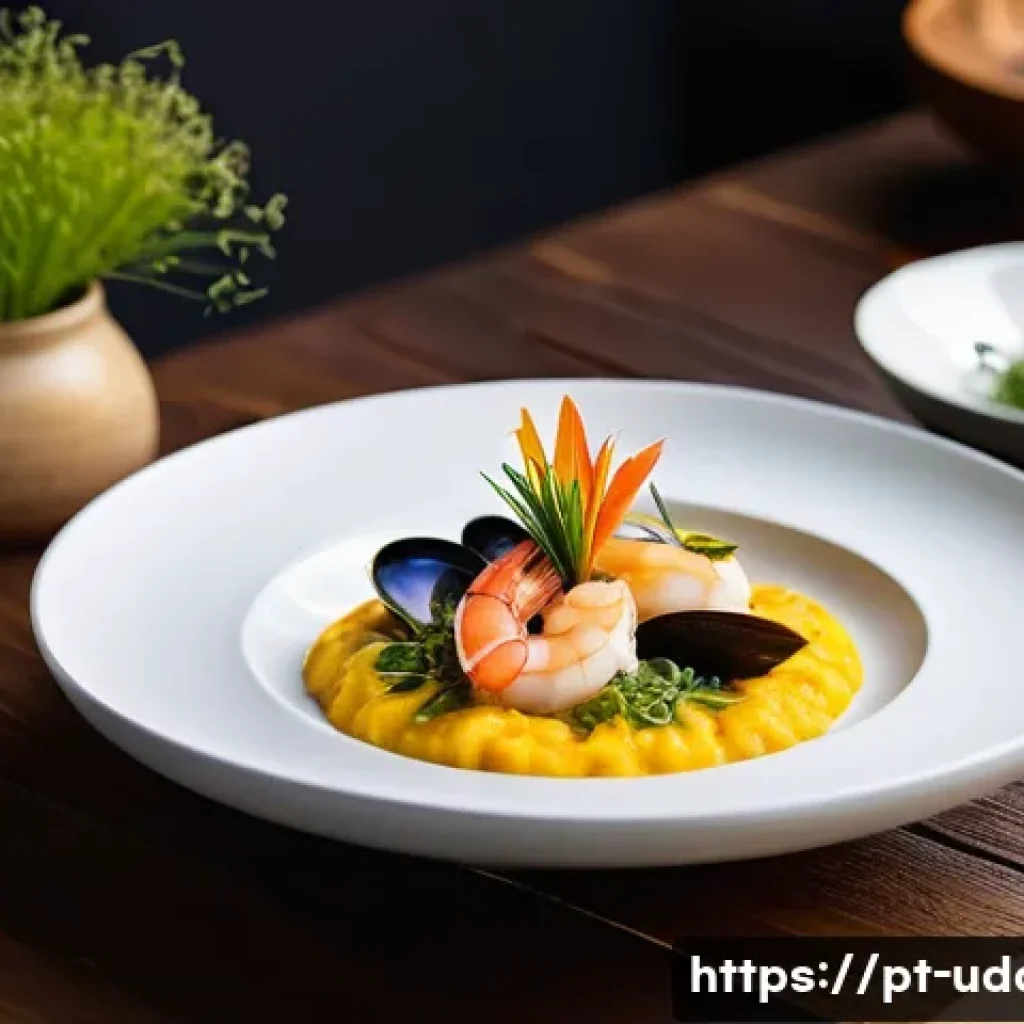 이색 맛집 탐방 - A vibrant and elegant gourmet dish featuring Brazilian manioc risotto infused with rich yellow curry...