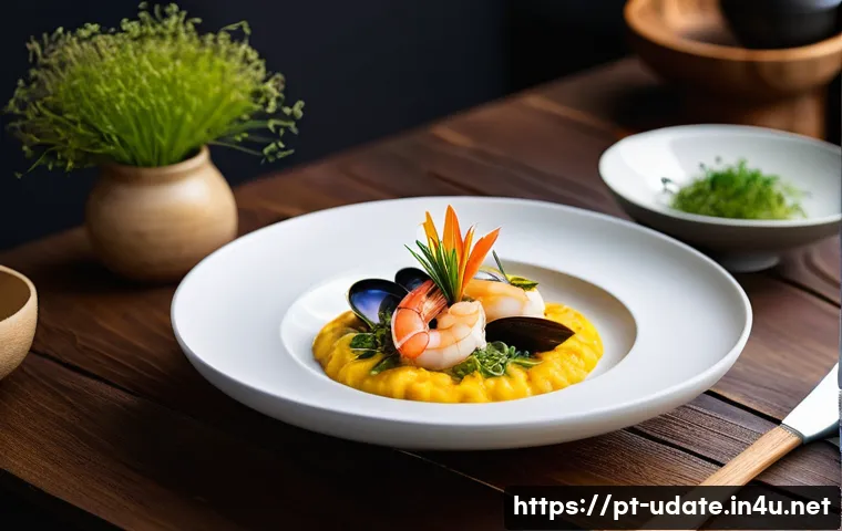 이색 맛집 탐방 - A vibrant and elegant gourmet dish featuring Brazilian manioc risotto infused with rich yellow curry...