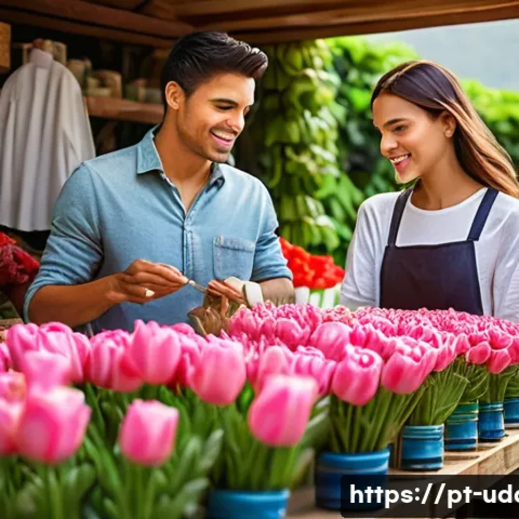 꽃시장 데이트 - A vibrant flower market scene in Brazil during early morning light, showcasing diverse colorful flow...