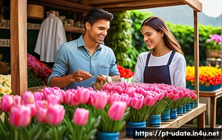 꽃시장 데이트 - A vibrant flower market scene in Brazil during early morning light, showcasing diverse colorful flow...