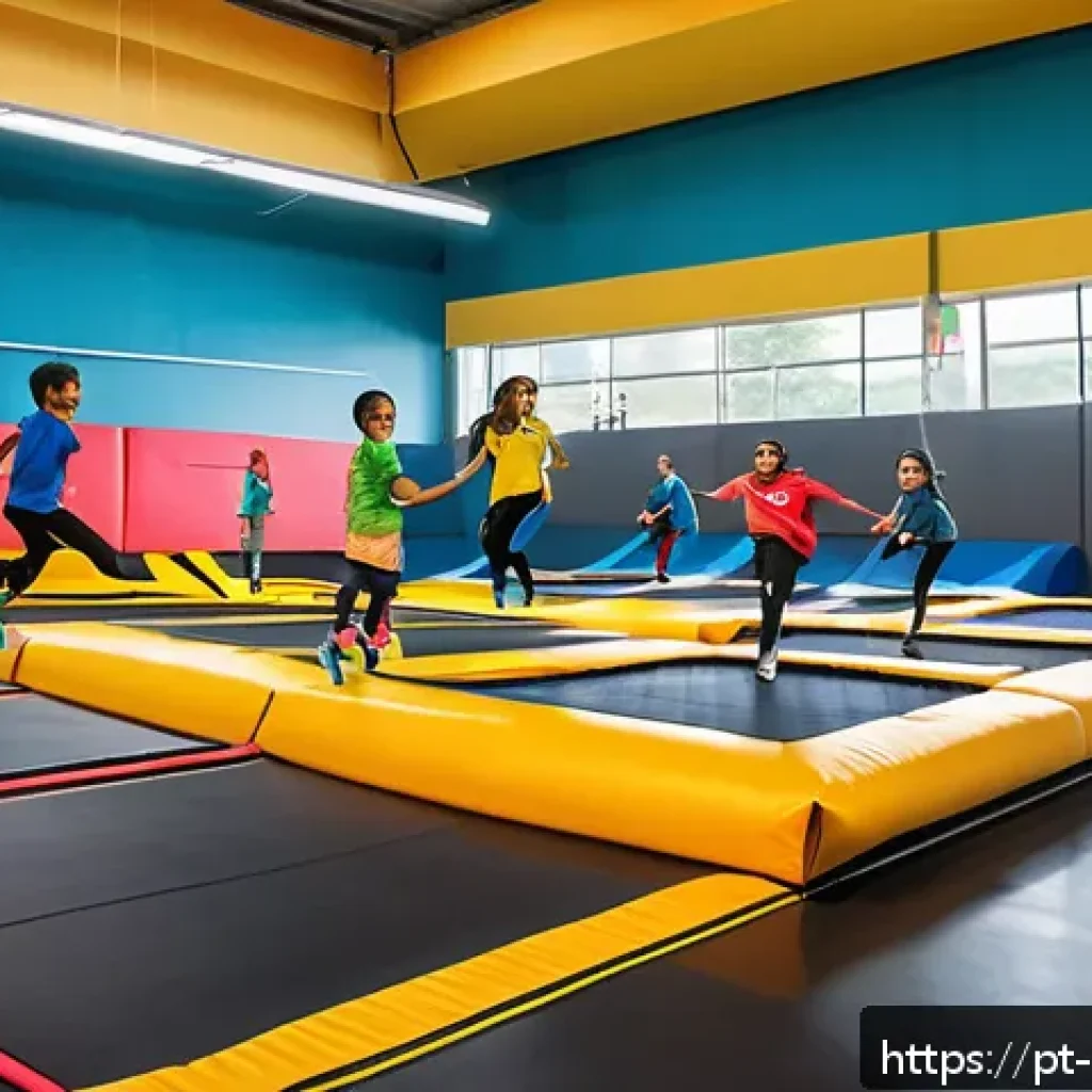 트램펄린 파크 데이트 - A vibrant indoor trampoline park scene in Brazil featuring a diverse group of adults and children we...