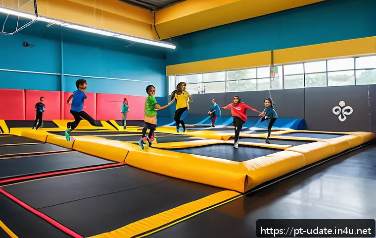 트램펄린 파크 데이트 - A vibrant indoor trampoline park scene in Brazil featuring a diverse group of adults and children we...