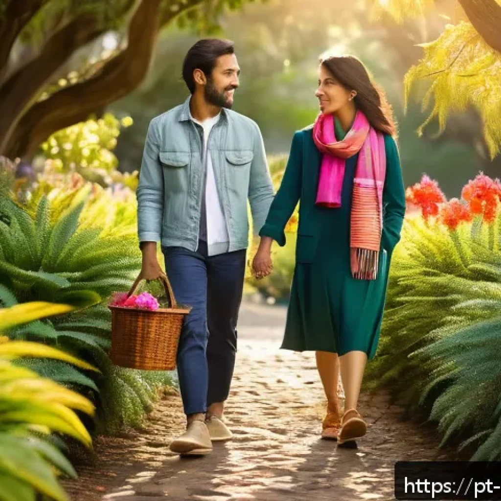수목원 데이트 - A romantic botanical garden scene during late afternoon golden hour, featuring a diverse array of na...