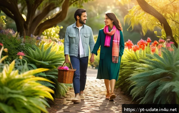 수목원 데이트 - A romantic botanical garden scene during late afternoon golden hour, featuring a diverse array of na...