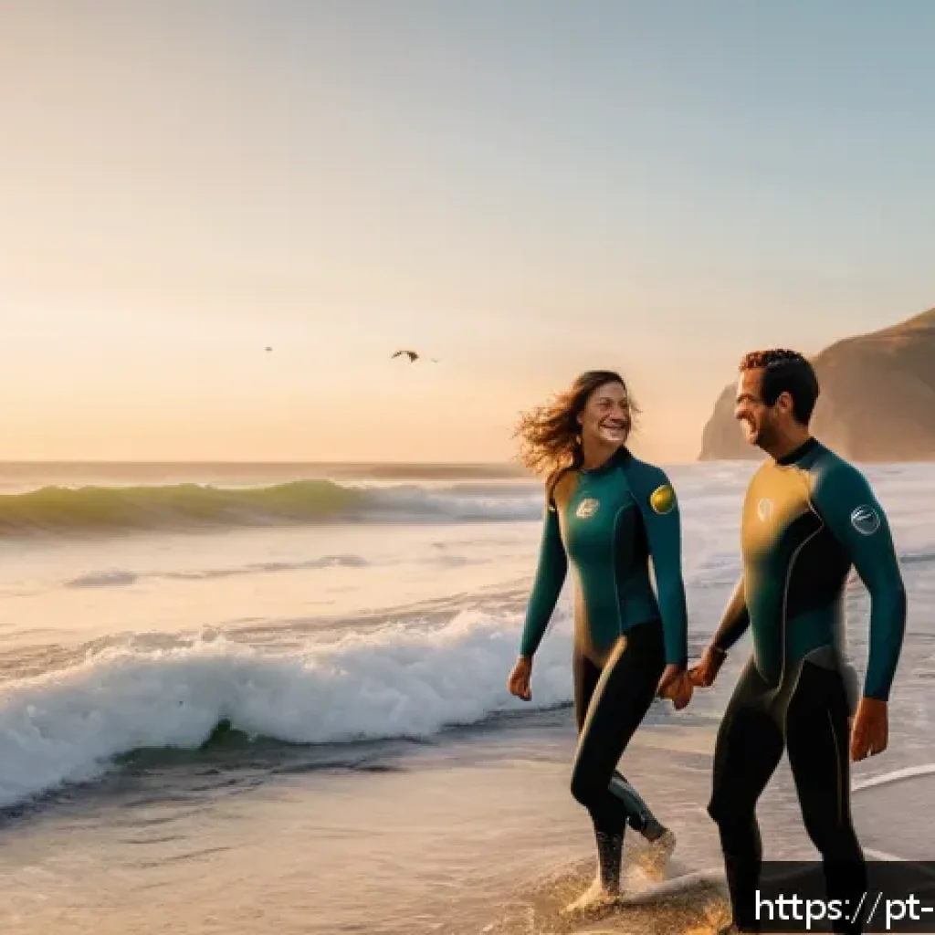 서핑 체험 데이트 - A romantic couple surfing together at a scenic Portuguese beach during golden hour, both wearing wet...