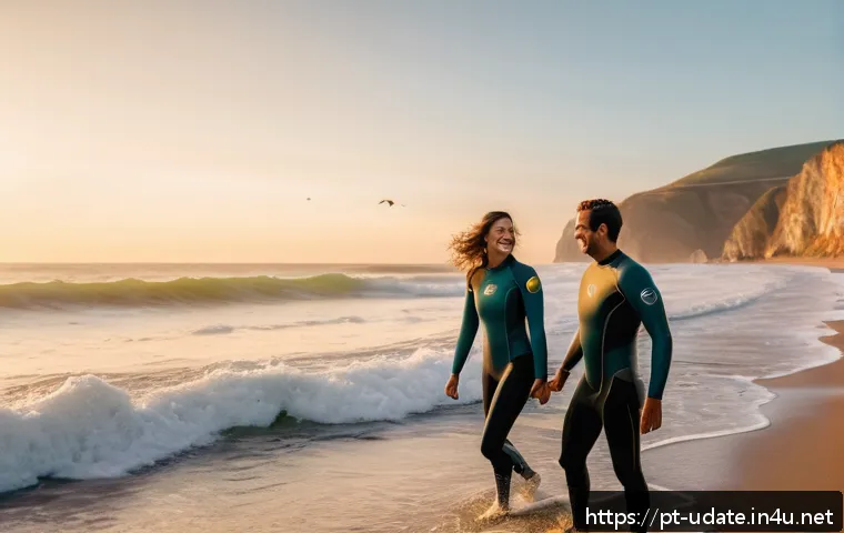 서핑 체험 데이트 - A romantic couple surfing together at a scenic Portuguese beach during golden hour, both wearing wet...