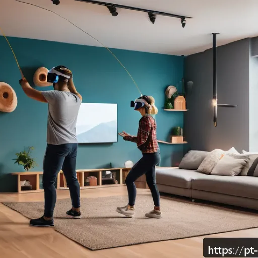 VR 스포츠 체험 데이트 - A cozy modern living room with a young couple wearing VR headsets and casual sporty clothing, engage...