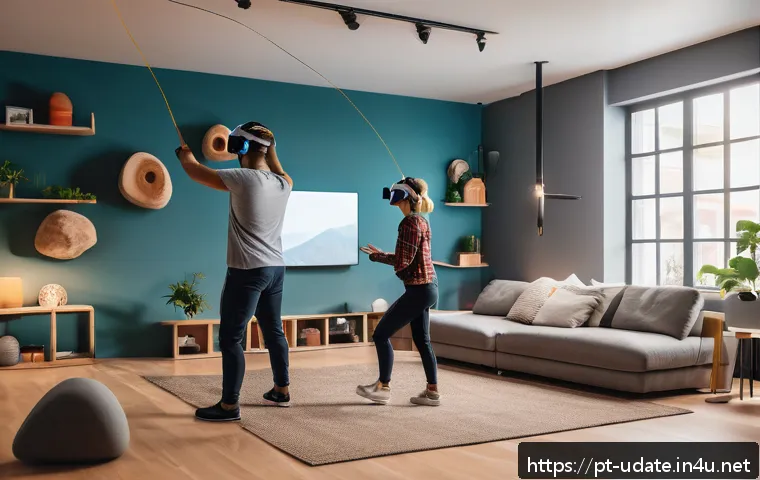 VR 스포츠 체험 데이트 - A cozy modern living room with a young couple wearing VR headsets and casual sporty clothing, engage...