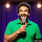 Home 22 스탠딩 코미디 공연 - A vibrant comedy club stage scene featuring a confident Brazilian comedian in casual attire, engagin...