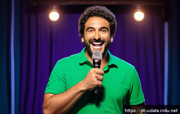 스탠딩 코미디 공연 - A vibrant comedy club stage scene featuring a confident Brazilian comedian in casual attire, engagin...