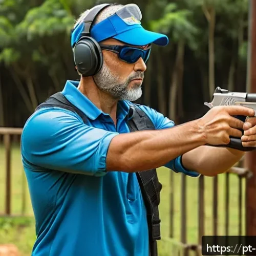 Home 33 사격장 체험 데이트 - A confident adult male sports shooter in casual, comfortable clothing wearing ear protection and saf...