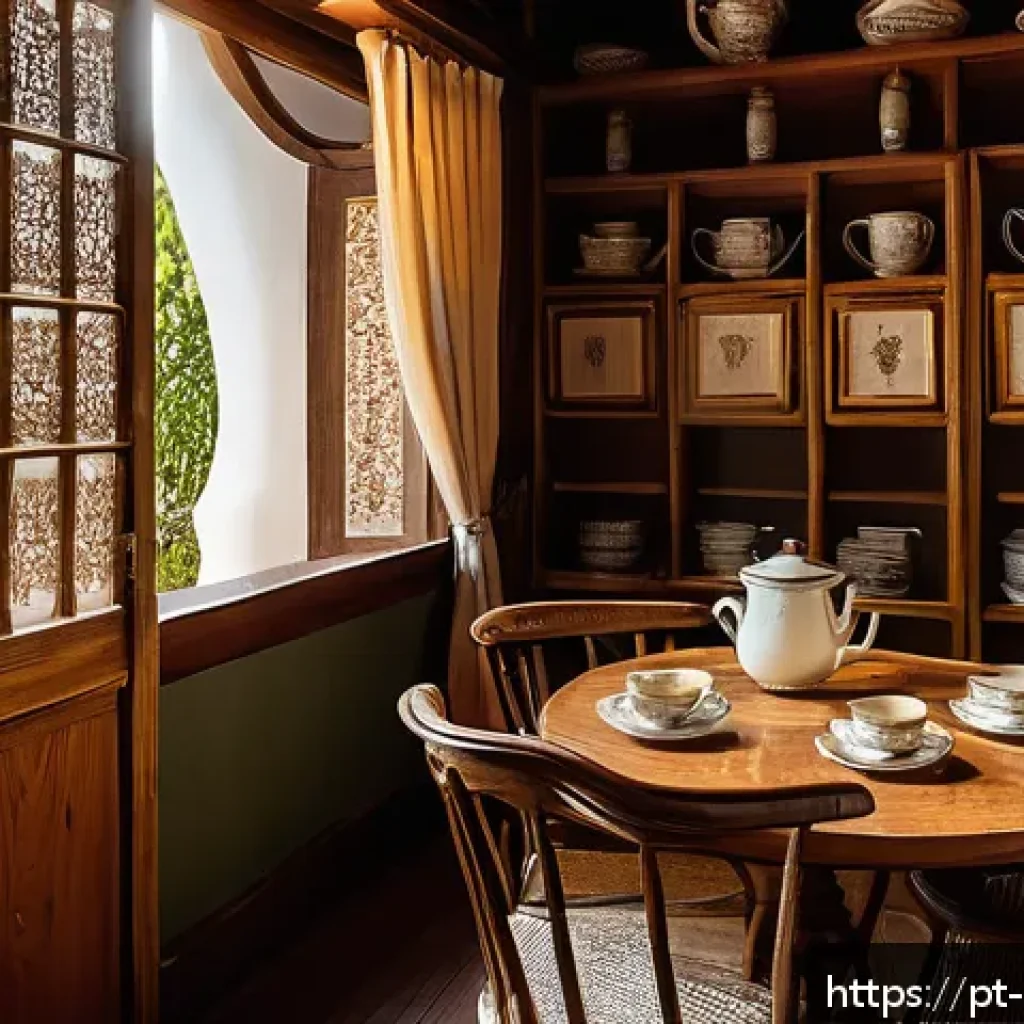 전통 찻집 데이트 - A cozy traditional tea house interior filled with handcrafted wooden furniture, delicate fabrics, an...
