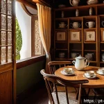 Home 20 전통 찻집 데이트 - A cozy traditional tea house interior filled with handcrafted wooden furniture, delicate fabrics, an...