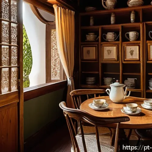 Home 32 전통 찻집 데이트 - A cozy traditional tea house interior filled with handcrafted wooden furniture, delicate fabrics, an...