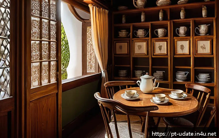 전통 찻집 데이트 - A cozy traditional tea house interior filled with handcrafted wooden furniture, delicate fabrics, an...