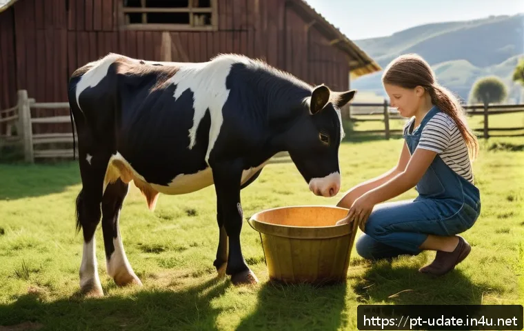 목장 체험 데이트 - A warm, sunlit rural farm scene showing a diverse group of people&mdash;adults and children wearing casual...