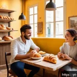 Home 18 프랑스풍 베이커리 데이트 - A cozy French bakery interior in Lisbon during mid-morning, featuring warm yellow lighting from pend...