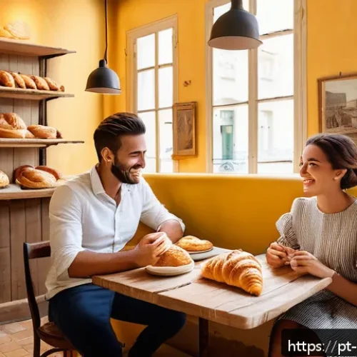 Home 30 프랑스풍 베이커리 데이트 - A cozy French bakery interior in Lisbon during mid-morning, featuring warm yellow lighting from pend...