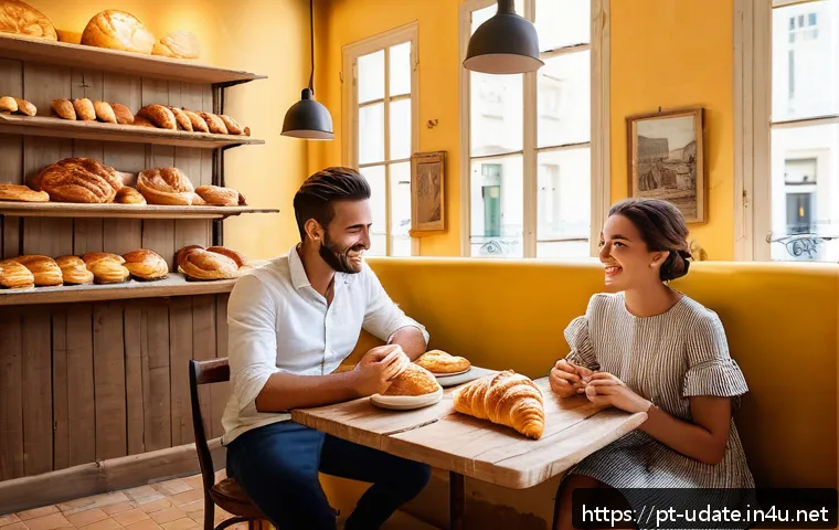 프랑스풍 베이커리 데이트 - A cozy French bakery interior in Lisbon during mid-morning, featuring warm yellow lighting from pend...
