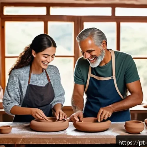 Home 17 공방 체험 데이트 - A cozy pottery workshop scene featuring a couple wearing casual clothes and aprons, shaping clay on ...