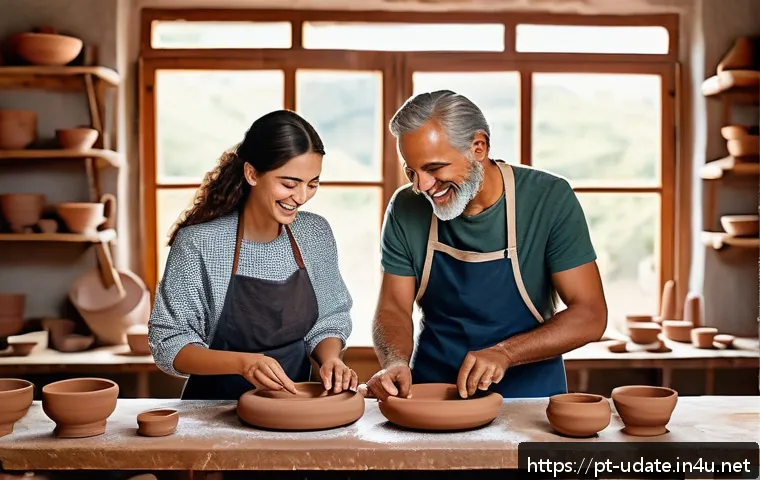 공방 체험 데이트 - A cozy pottery workshop scene featuring a couple wearing casual clothes and aprons, shaping clay on ...