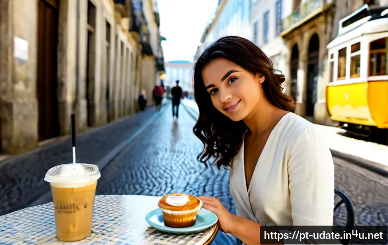 Home 17 카페투어 인스타 핫플 - Photorealistic Lisbon café tour scene, stylish Portuguese traveler seated at a sunlit sidewalk table...