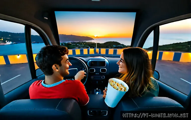 자동차 극장 데이트 - Photorealistic romantic drive-in cinema date in Portugal, a young adult couple seated inside a compa...